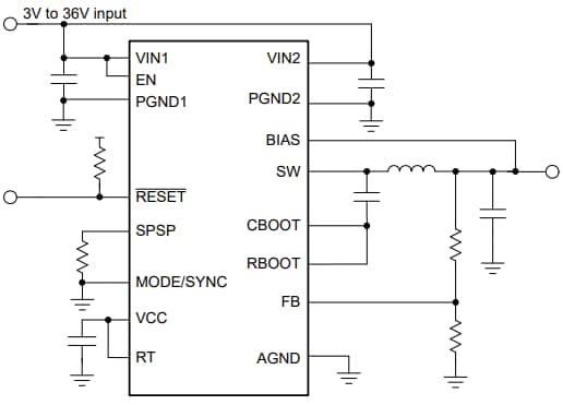 回路図 - Texas Instruments LM614xT-Q1 車載用降圧コンバータ