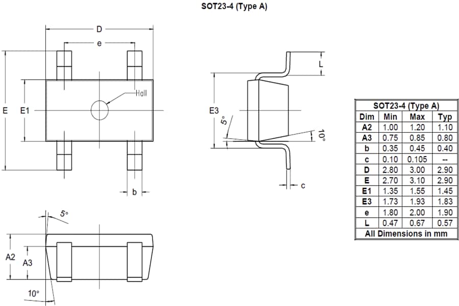 機械図面 - Diodes Incorporated AHE101 InSbホール素子