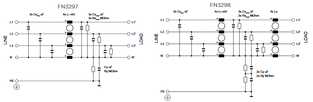 アプリケーション回路図 - TE Connectivity / Schaffner FN3297とFN3298三相+中性線フィルタ