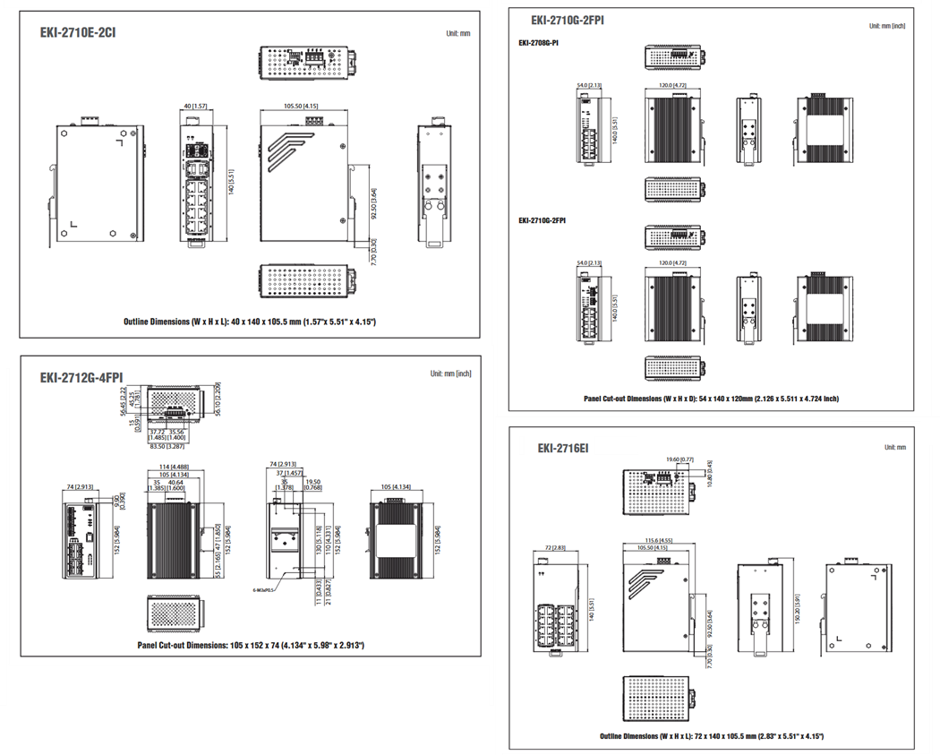 機械図面 - Advantech EKI-271x産業用非マネージドスイッチ