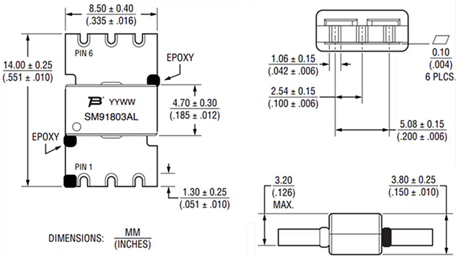 機械図面 - Bourns SM91803AL-E AEC-Q200 BMS信号トランス