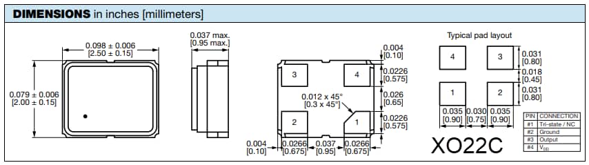 機械図面 - Vishay / Dale XOxC 表面実装型発振器