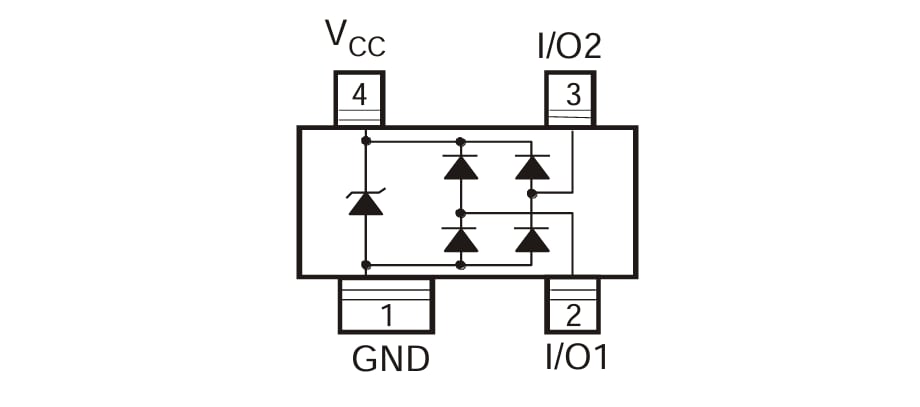 回路図 - Diodes Incorporated DT1042-02SRQ 2チャンネル低容量TVSダイオードアレイ