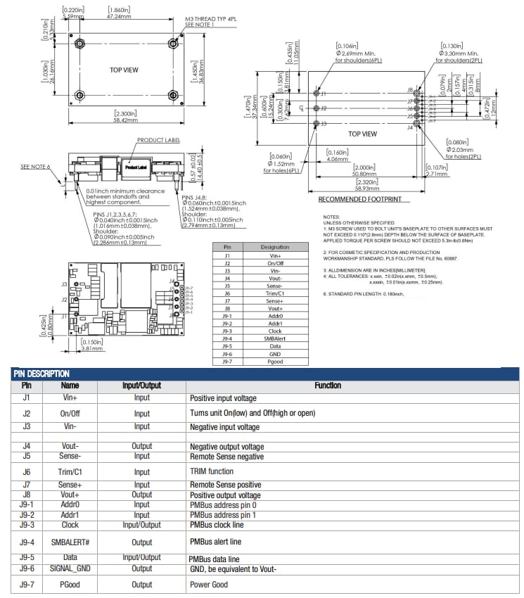 機械図面 - Murata Power Solutions MPQ700 700W Quarter-Brick、デジタル、DC-DCコンバータ