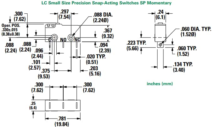 機械図面 - C&K Switches LC小型サイズ高精度スナップ作動スイッチ