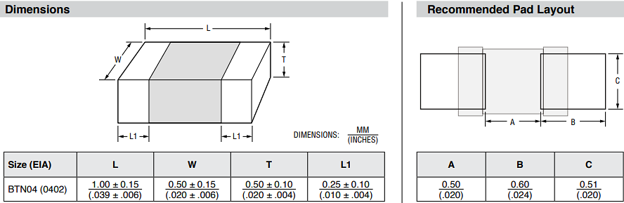 機械図面 - Bourns BTN04G SMD NTC（負温度係数）サーミスタ