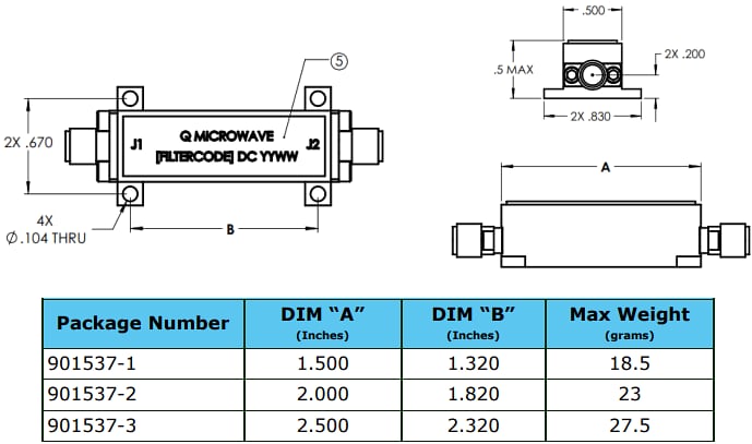 機械図面 - Amphenol Q Microwave 集中素子フィルタ