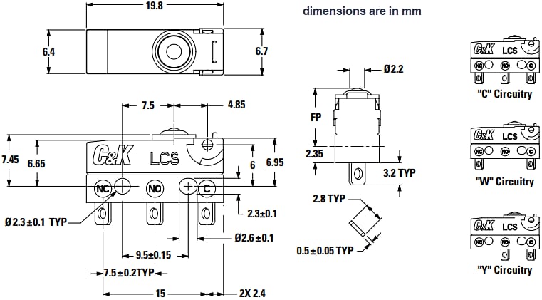 機械図面 - C&K Switches LCS小型密閉スナップ作動スイッチ