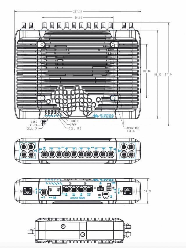 機械図面 - Sierra Wireless / Semtech AirLink® XR90 マルチネットワーク 5G/Wi-Fi® 6 ルーター