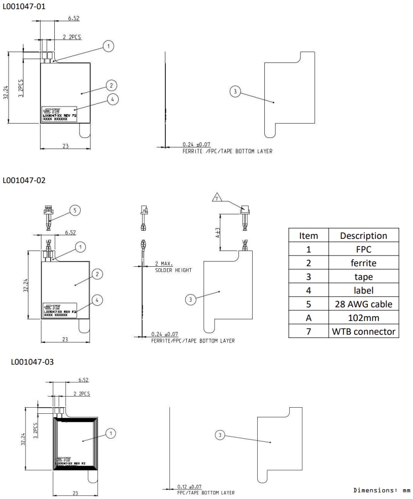 機械図面 - TE Connectivity L001047フレキシブルPCB (FPC)アンテナ