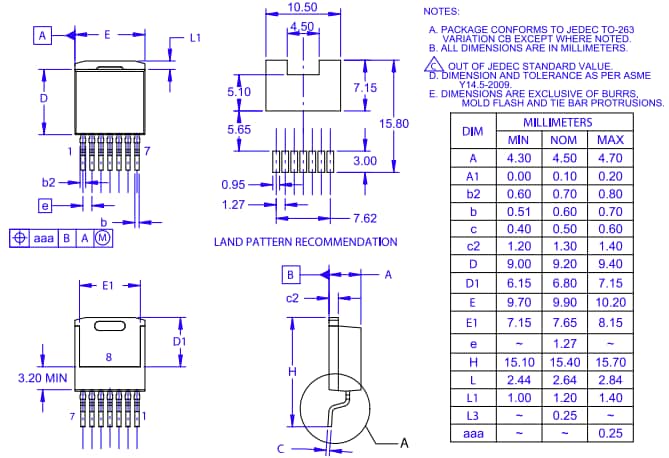 機械図面 - onsemi NVBG050N170M1シリコンカーバイド（SiC）MOSFET