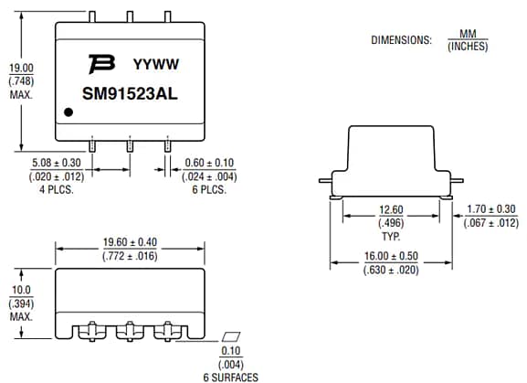 機械図面 - Bourns SM91523AL車載用BMS平面変圧器