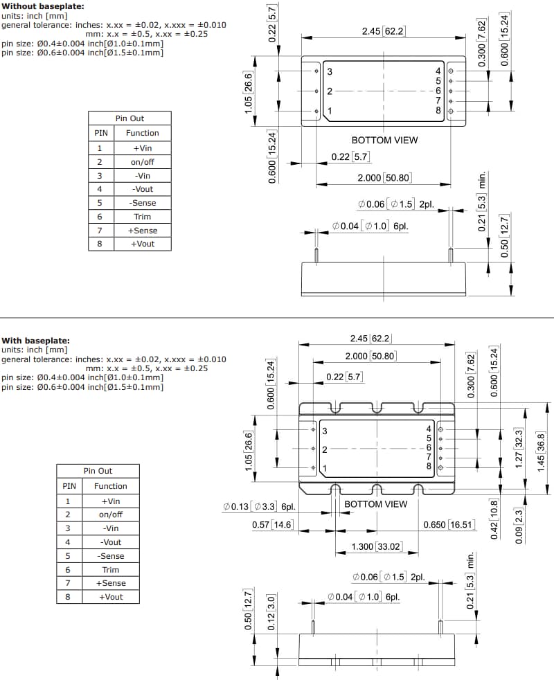 機械図面 - CUI Inc PRA100 100W DC-DCコンバータ