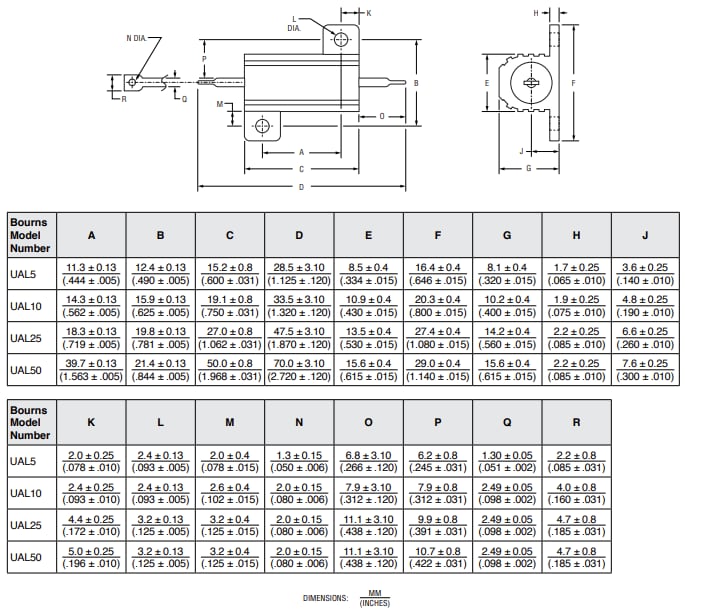 機械図面 - Bourns UAL Riedon™ 電力抵抗器