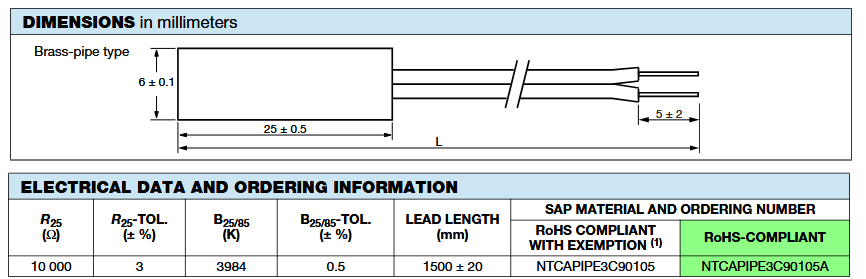 機械図面 - Vishay / BC Components NTCAPIPE3C90105AロングリードNTCサーミスタセンサ