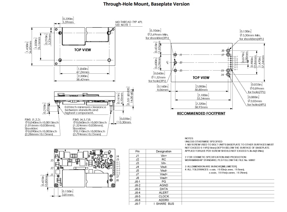 機械図面 - Murata Power Solutions MPQ1300 1300W 非絶縁DC-DCコンバータ