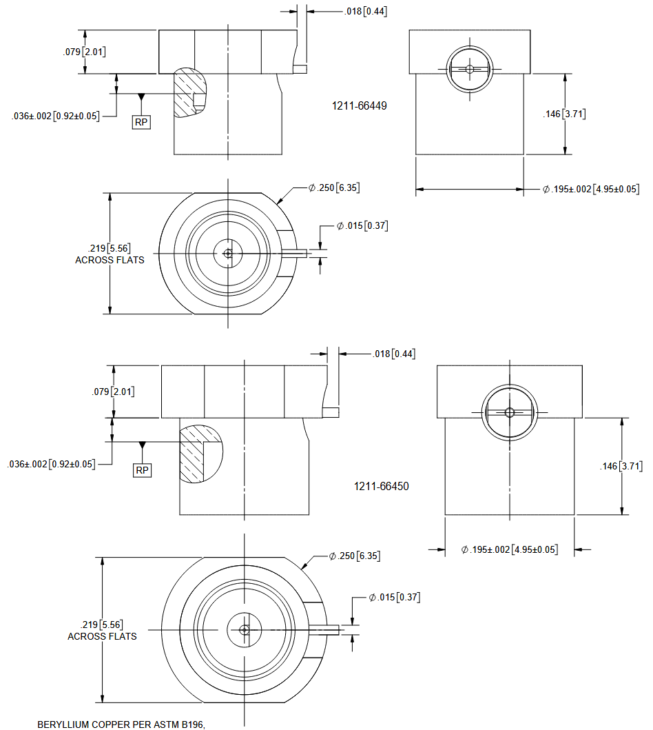 機械図面 - Amphenol / SV Microwave 逆取付スルーホールRF PCBコネクタ