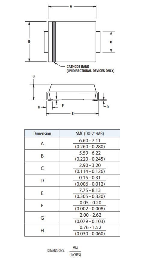 機械図面 - Bourns 5.0SMDJ-R過渡電圧サプレッサダイオード