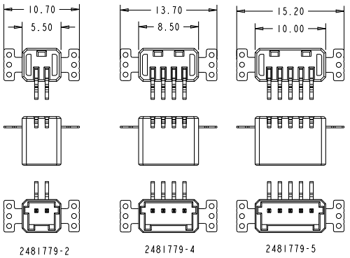 機械図面 - TE Connectivity Mini CT薄型反転スルーボードヘッダ