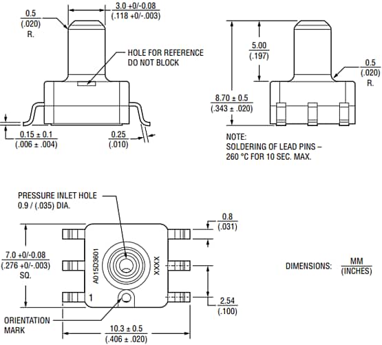 機械図面 - Bourns BPS160アナログ圧力センサ
