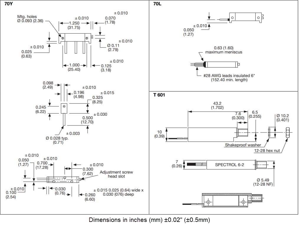 機械図面 - Vishay / Spectrol 70シリーズ1-1/4” 角型トリマ抵抗器