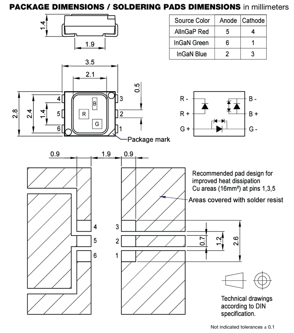 機械図面 - Vishay Semiconductors VLMRGB6122マルチカラーPLCC-6 LED