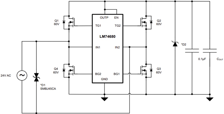 アプリケーション回路図 - Texas Instruments LM74680理想ダイオード・ブリッジ・コントローラ