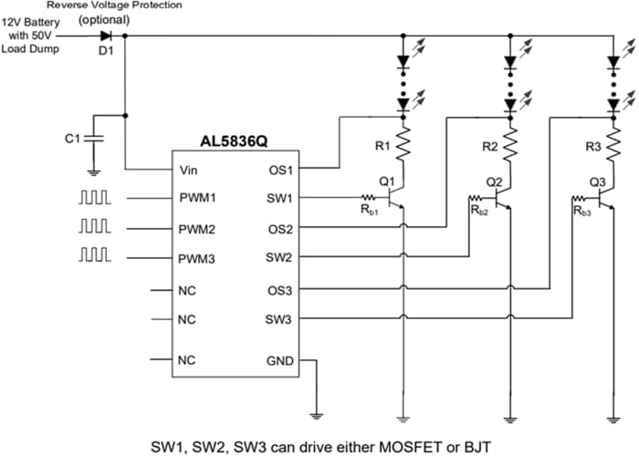 アプリケーション回路図 - Diodes Incorporated AL5836Q 3つの独立チャンネルPWMコントローラ