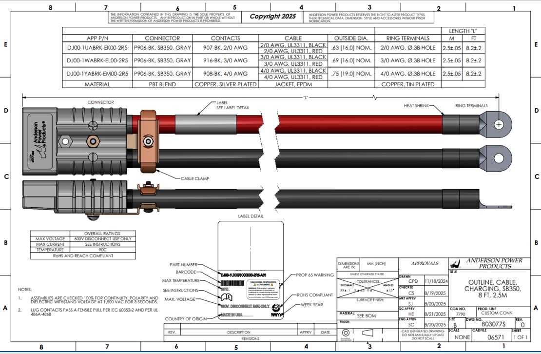 Mechanical Drawing - Anderson Power Products DC Cable Assemblies