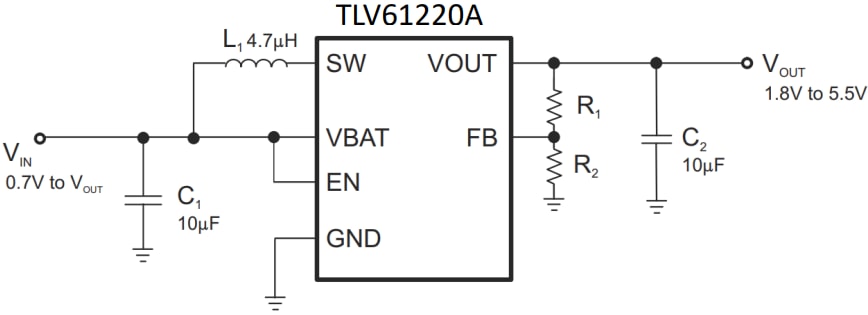 アプリケーション回路図 - Texas Instruments TLV61220A低入力電圧昇圧型コンバータ