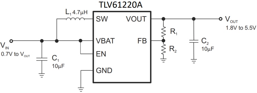 回路図 - Texas Instruments TLV61220A低入力電圧昇圧型コンバータ