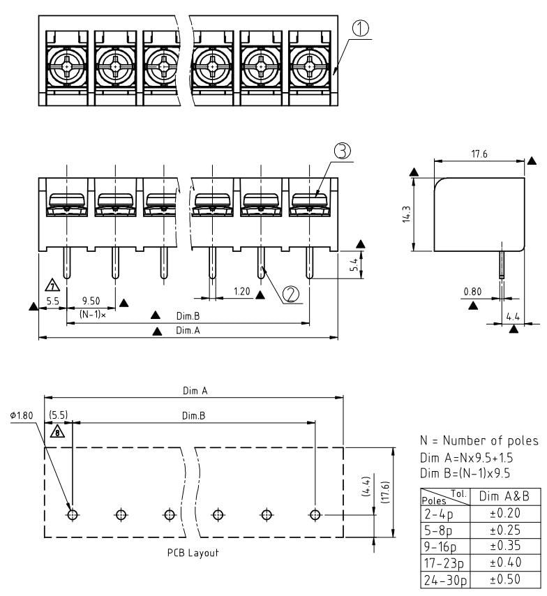 機械図面 - Amphenol Anytek YK441 Single-Row Barrier Terminal Blocks