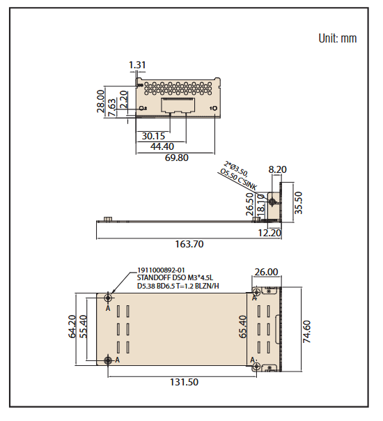 機械図面 - Advantech NMC-1009 2ポート10GbE SFP+ネットワークメザニンカード