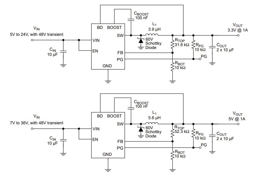 アプリケーション回路図 - Microchip Technology MCP16364ステップダウンDC-DCコンバーター