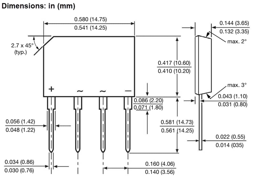 機械図面 - Vishay Semiconductors KBPE0480 SIP (Single In-Line) ブリッジ整流器