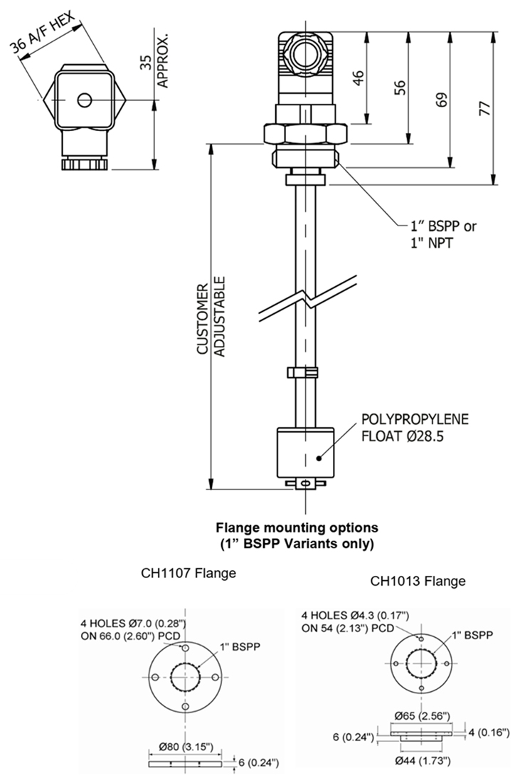 機械図面 - Amphenol Rochester Sensors T/LL122 調整可能・タテ型フロート式スイッチ