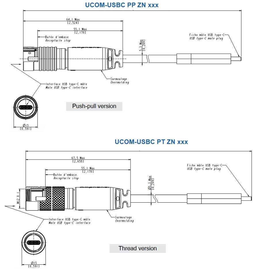 機械図面 - Amphenol Socapex μCOM USBC 3.2 Gen 2堅牢コネクタとアセンブリ