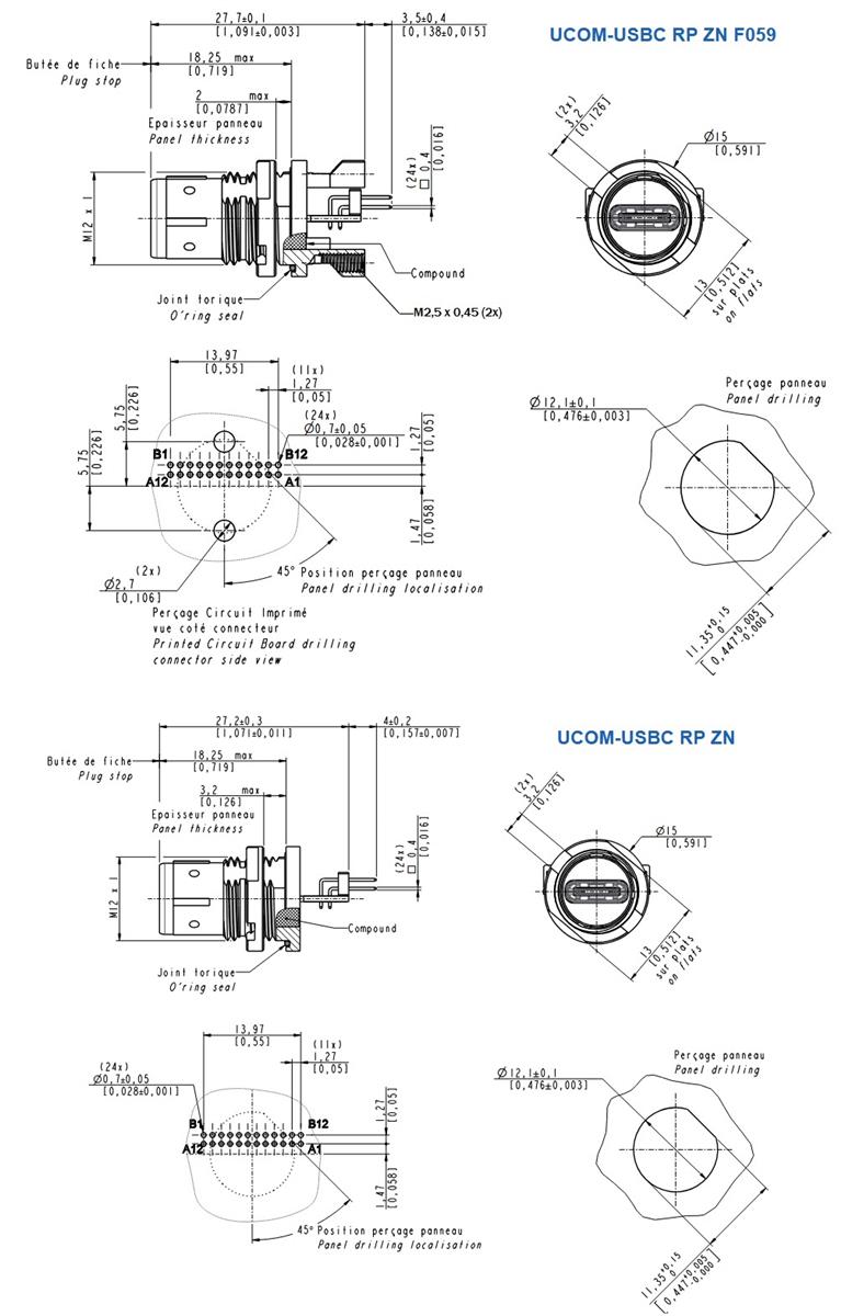 機械図面 - Amphenol Socapex μCOM USBC 3.2 Gen 2堅牢コネクタとアセンブリ