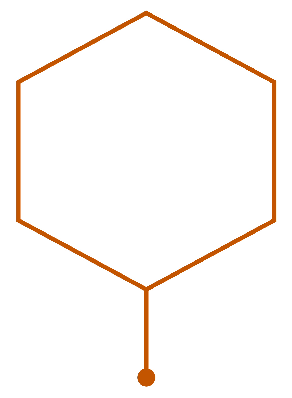 A orange hexagon outline with six sides with a line and circle extending from bottom point of hexagon with a white icon of a factory worker and robot in the middle of the hexagon