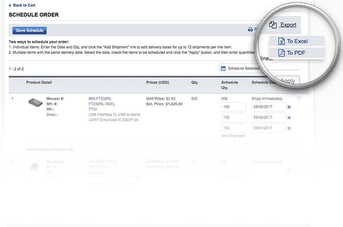 スケジュール注文ページでオプションをドロップダウン選択してエクスポートします。